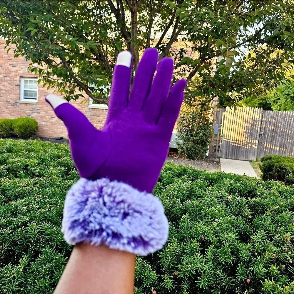 Purple Faux Fur Trim Text Capability Statement Gloves.